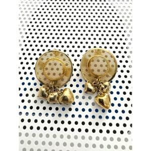 Vintage Straw Hat Gold-Toned Mesh Heart Dangle Pierced Earrings